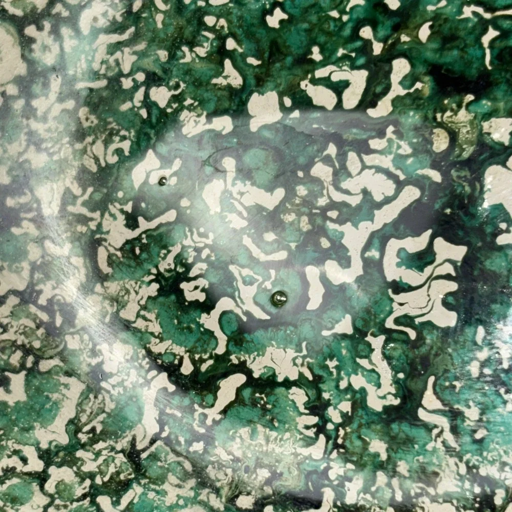 Akcam Turkish Art Glass Green and Beige Splatter print Oval Bowl 11x7.5